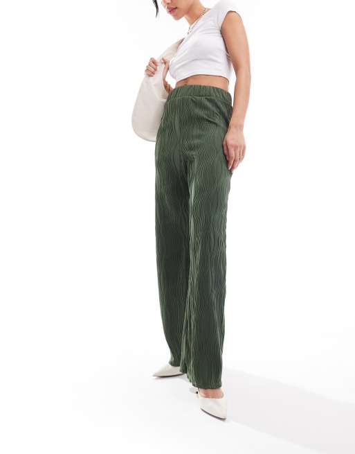New Look - Gerimpelde broek met wijde pijpen in kaki