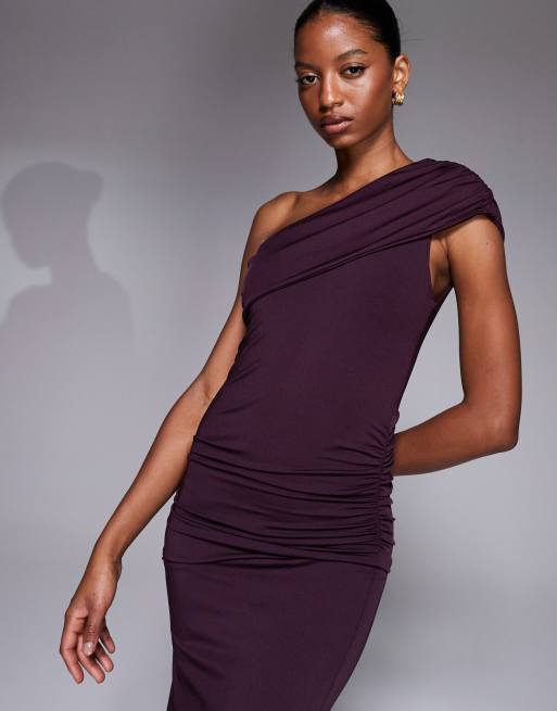 New Look - Gerimpelde midi-jurk met blote schouder in paars, 4 van 4