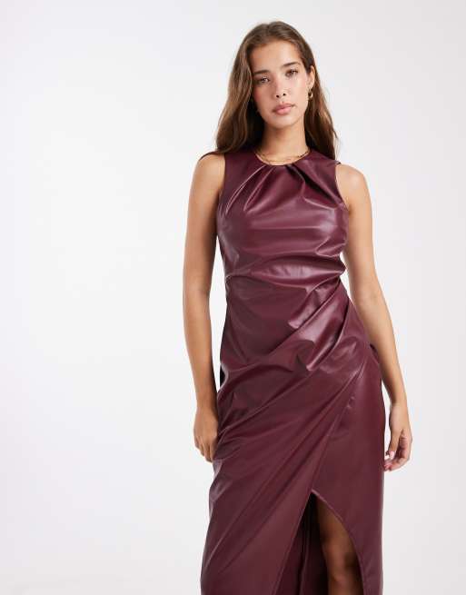 New Look - Gerimpelde midi-jurk van PU met overslag in bordeauxrood, 2 van 4