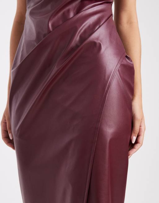 New Look - Gerimpelde midi-jurk van PU met overslag in bordeauxrood, 3 van 4