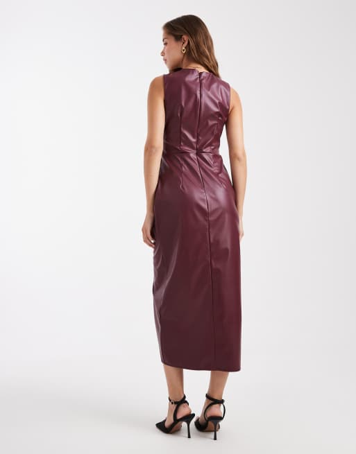 New Look - Gerimpelde midi-jurk van PU met overslag in bordeauxrood, 4 van 4