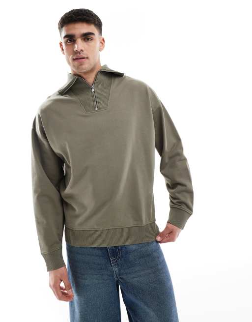 New Look – Gerippter Pullover in Olivgrün mit kurzem Reißverschluss