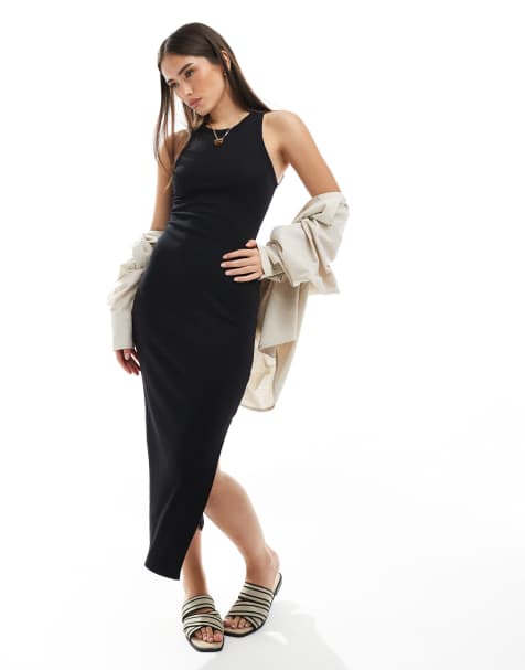 New Look – Geripptes Midikleid in Schwarz mit Ringerrücken - view 1