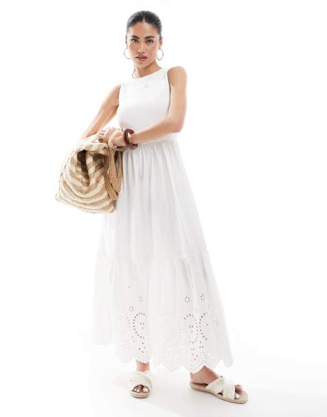 New Look – Geripptes Midikleid in Weiß mit Stickerei und Ringerrücken - view 1