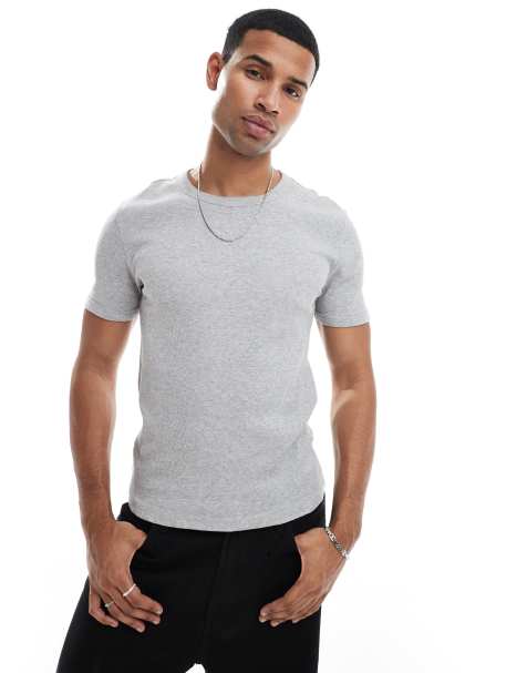 New Look – Geripptes Muskel-T-Shirt in meliertem Grau - view 1