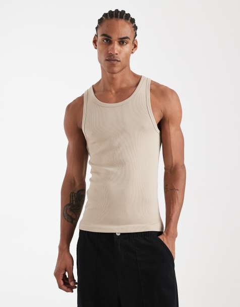 New Look – Geripptes Muskelshirt in Steinbeige - view 1