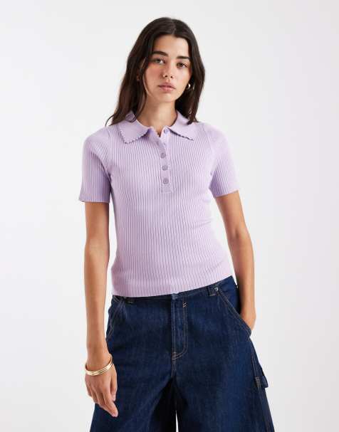 New Look – Geripptes Polo-T-Shirt in Flieder - view 1