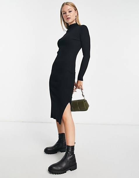 Gr S Mode Kleider Schlauchkleider schwarz gerippt Rollkragen-Kleid midi figurbetont 
