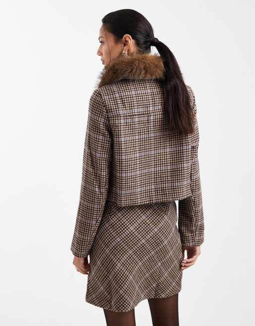 New Look - Geruit recht cropped jack in bruin, deel van co-ord set, 3 van 4