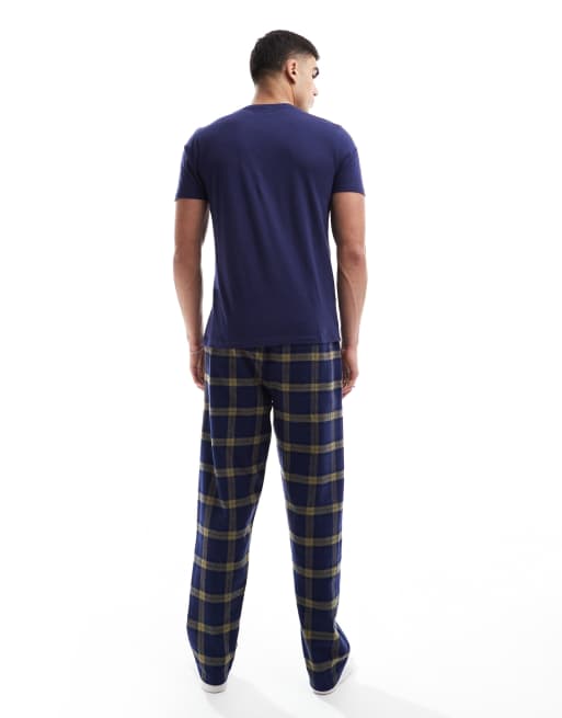 New Look - Geruite pyjama set met T-shirt in marineblauw, 3 van 4
