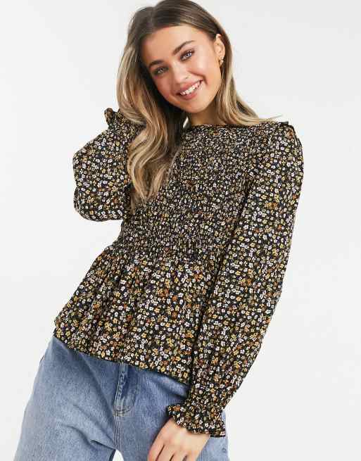 New Look – Gerüschte, langärmlige Bluse mit schwarzem Blumenmuster