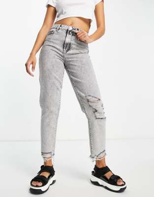 New Look - Gescheurde mom jeans in donkergrijs | ASOS