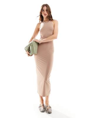 New Look - Geschmeidiges Midikleid in Camel mit Racerneck-Design-Neutral