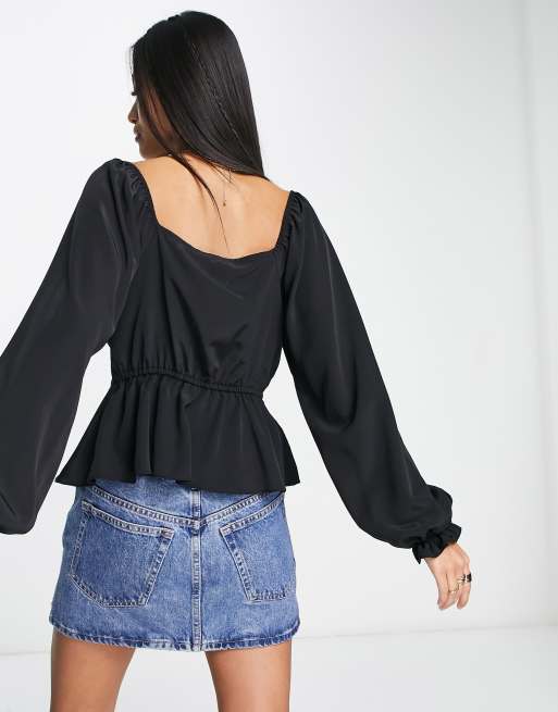 New Look - Gesmokte blouse met gerimpelde voorkant in zwart, 2 van 4