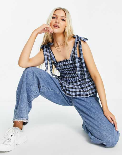 New Look - Gesmokte cami met strikbandjes en ruiten in blauw