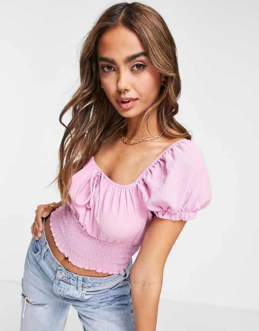 New Look - Gesmokte melkmeisjes-crop top in roze