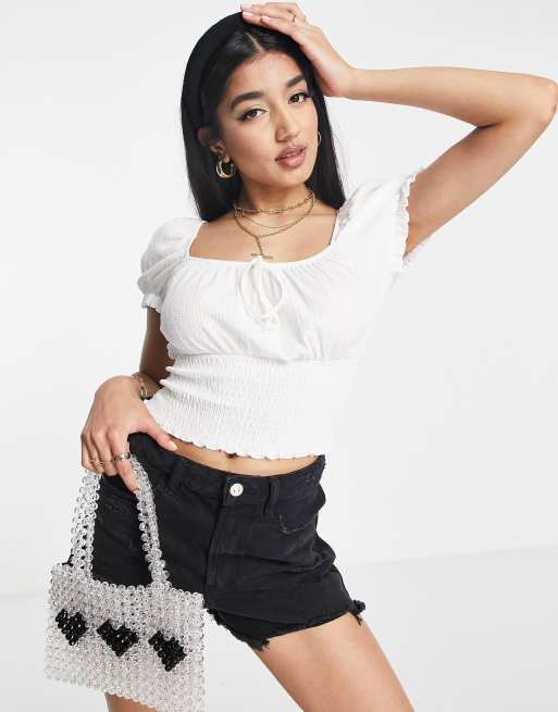 New Look - Gesmokte melkmeisjes-crop top in wit