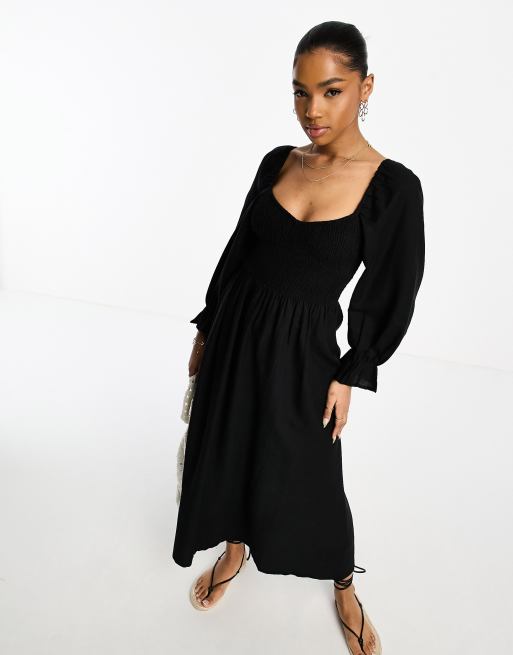 New Look - Gesmokte midi-jurk met lange mouwen en uitsnijding in zwart