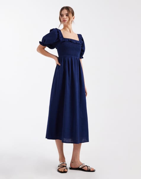 New Look - Gesmokte midi jurk met ruches in marineblauw - view 1