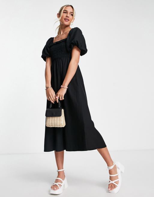 New Look - Gesmokte midi jurk met vierkante hals en pofmouwen in zwart
