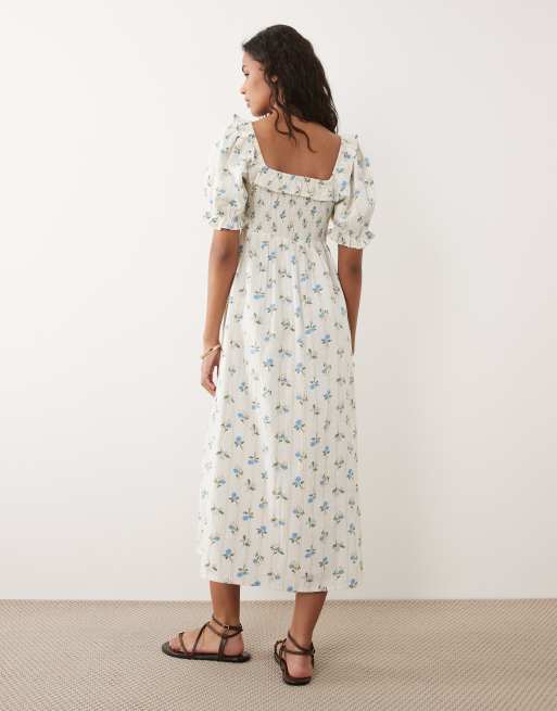 New Look – Gesmoktes Midikleid in Cremeweiß mit Rüschenbesatz und Blumenmuster, 3 von 4