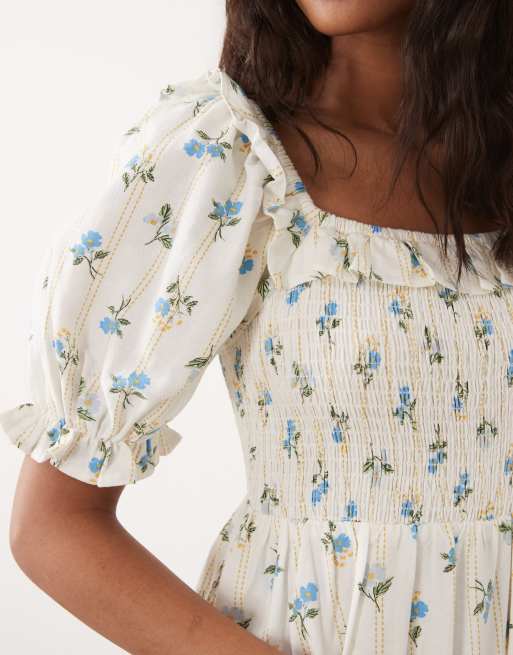 New Look – Gesmoktes Midikleid in Cremeweiß mit Rüschenbesatz und Blumenmuster, 4 von 4