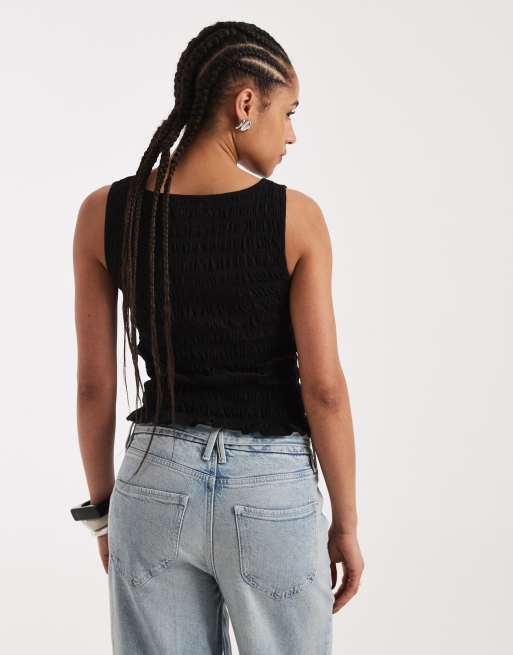 New Look – Gesmoktes Tanktop in Schwarz mit Knopfleiste, 4 von 4