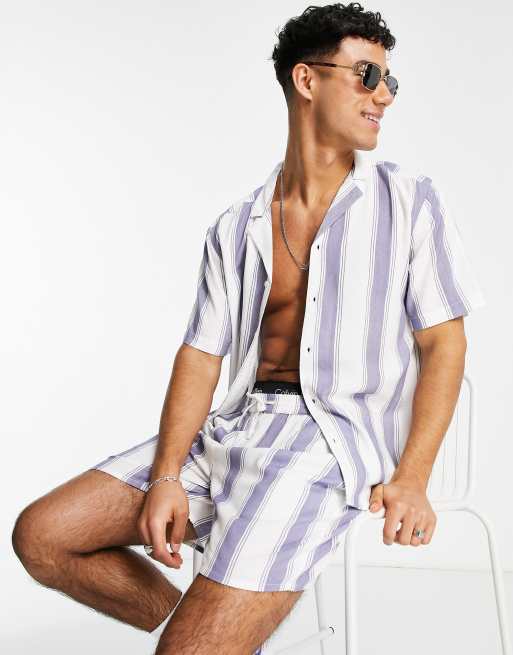 New Look - Gestreept overhemd van co-ord set met korte mouwen in marineblauw