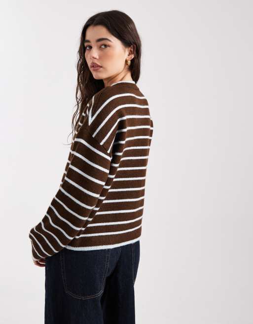 New Look - Gestreept vest met ronde hals in donkerbruin, 4 van 4