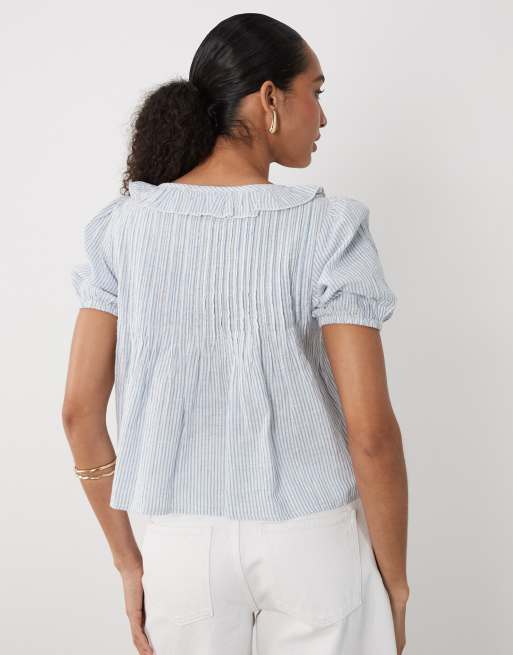 New Look - Gestreepte blouse van linnenmix met ruches in blauw, 3 van 4