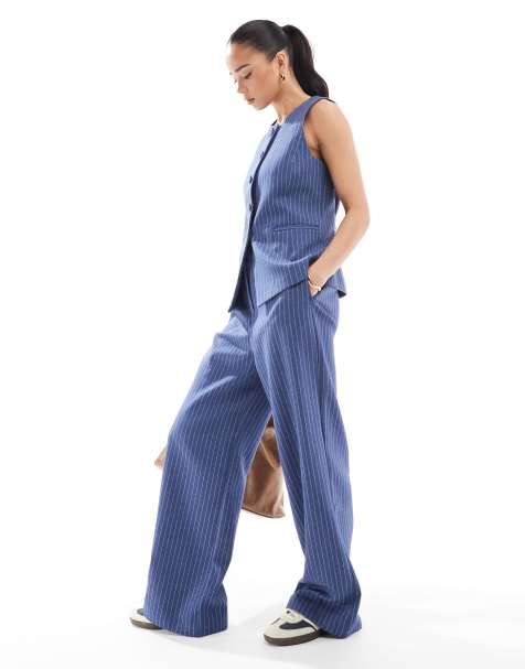 New Look - Gestreepte broek met wijde pijpen en denimlook in blauw, deel van co-ord set - view 1