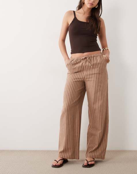 New Look - Gestreepte broek met wijde pijpen in bruin - view 1