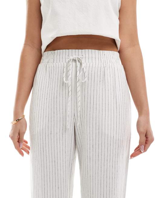 New Look - Gestreepte broek van linnen met wijde pijpen in crème, 4 van 5