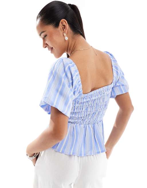 New Look - Gestreepte gesmokte top met vierkante hals in blauw, 4 van 4