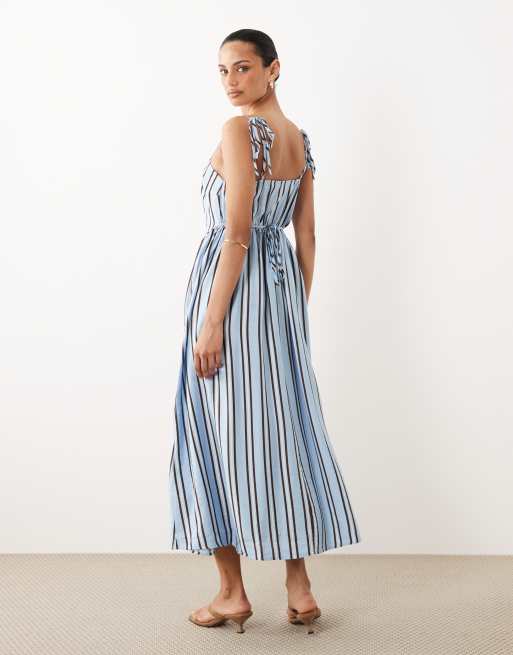 New Look - Gestreepte midi jurk met bandjes in blauw, 4 van 4