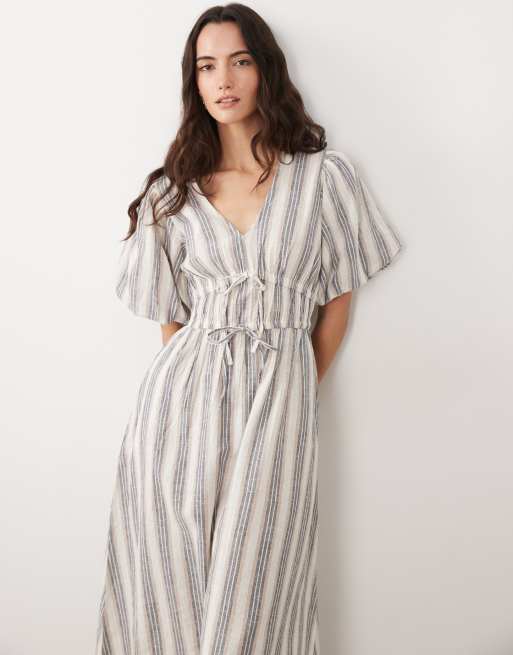 New Look - Gestreepte midi jurk met pofmouwen in crème, 3 van 4