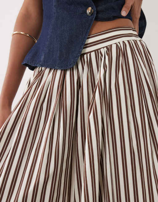 New Look - Gestreepte midirok van popeline in bruin, 3 van 5
