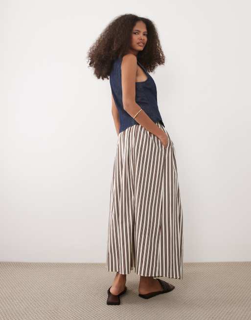New Look - Gestreepte midirok van popeline in bruin, 4 van 5