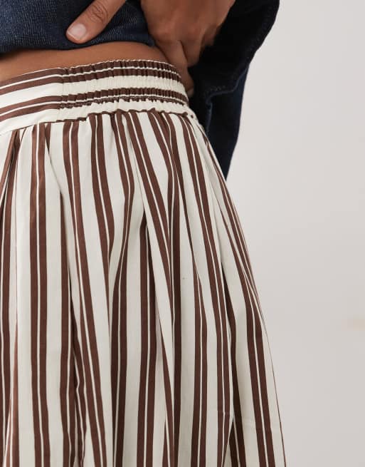 New Look - Gestreepte midirok van popeline in bruin, 5 van 5