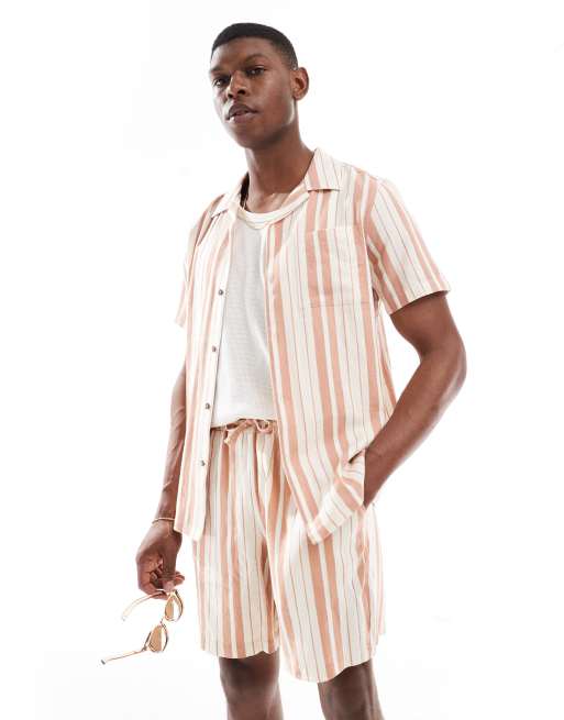 New Look - Gestreepte overhemd van linnenmix in stone, deel van co-ord set