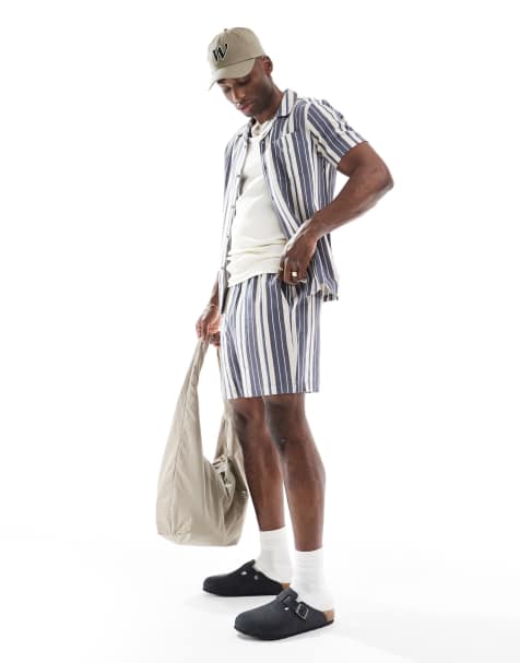 New Look - Gestreepte short van linnenmix in marineblauw, deel van co-ord set - view 1