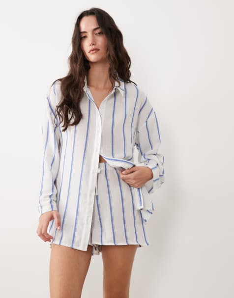 New Look - Gestreepte strand co-ord set van overhemd en short met patroon in blauw - view 1