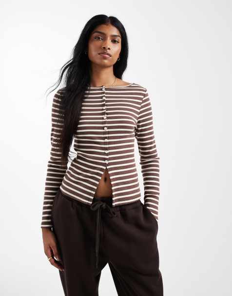 New Look - Gestreepte top met lange mouwen en knopen in bruin - view 1