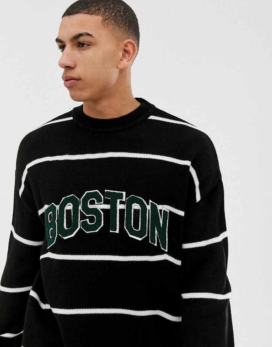 New Look - Gestreepte trui met ronde hals en Boston-tekstprint-Marineblauw