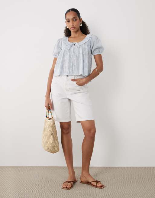 New Look – Gestreifte Bluse aus Leinenmix in Blau mit Rüschen, 4 von 4