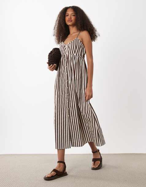 New Look – Gestreiftes Midikleid in Braun mit durchgehender Knopfleiste - view 1