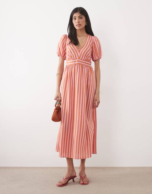 New Look – Gestreiftes Midikleid in Rosa mit V-Ausschnitt, 2 von 4