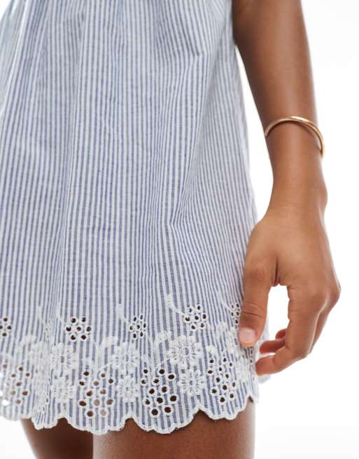 New Look – Gestreiftes Minikleid in Blau mit Puffärmeln und Milchmädchen-Ausschnitt, 3 von 4