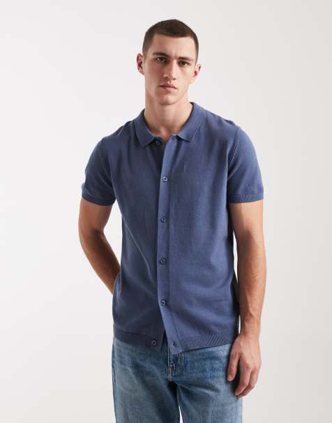 New Look – Gestricktes Polo-Oberteil in Blau mit durchgehender Knopfleiste - view 1