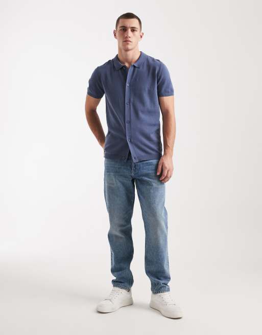 New Look – Gestricktes Polo-Oberteil in Blau mit durchgehender Knopfleiste, 2 von 5
